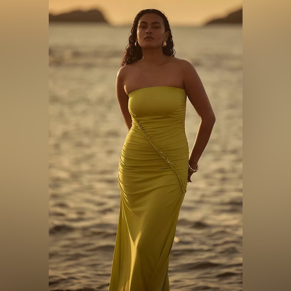 Anthropologie Strapless Olive-Green Ruched Gown